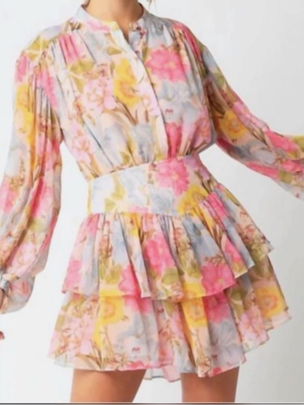 Olivaceous Pink & Yellow Floral Tiered Long-Sleeve Mini Dress